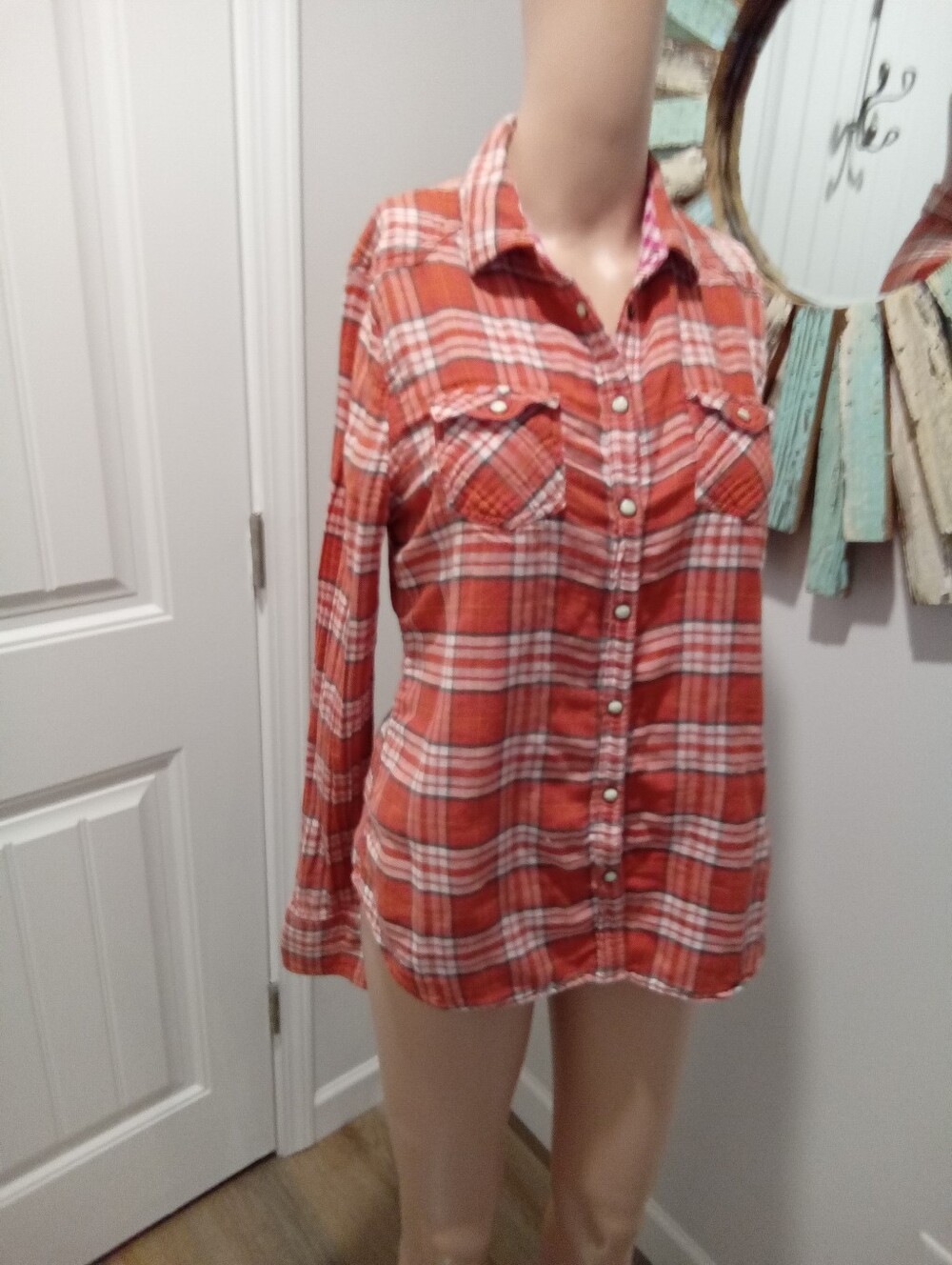 Vintage Y2K American Eagle Outfitters Sz 12 Orange Plaid Pear Snap Western Butto - Picture 3 of 16